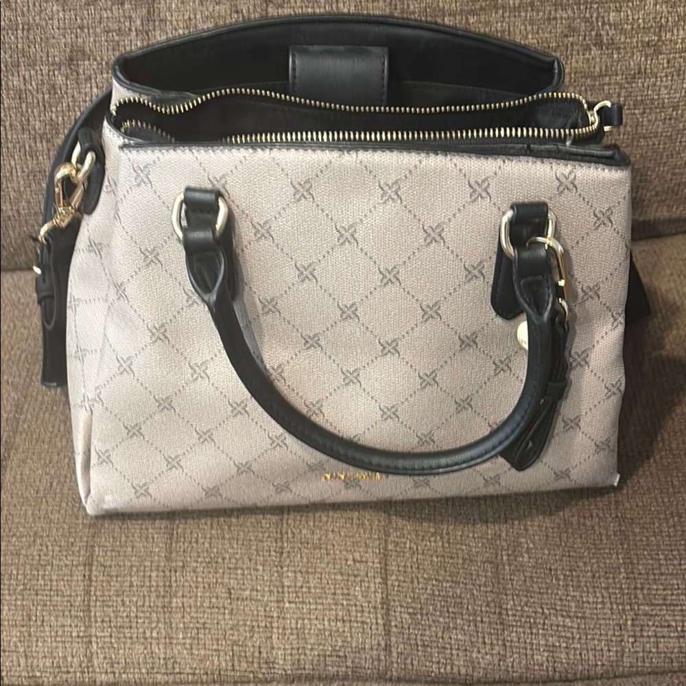 Nine West Cream and Black Satchel with Monogram Design